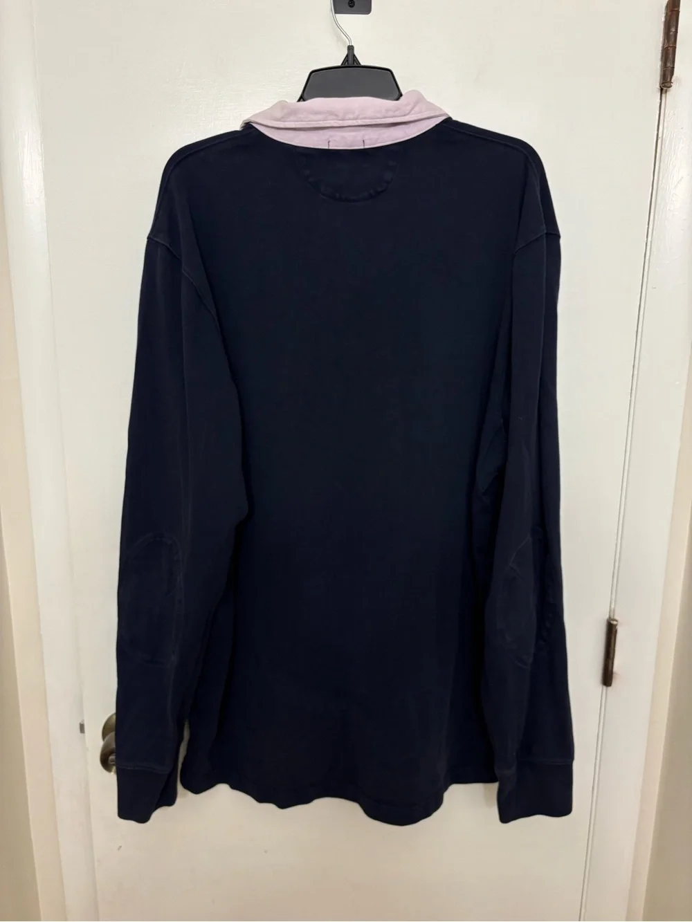 Vintage J.Crew Oarsman Rugby Shirt Mens XLT Navy Blue Pink Collar Elbow Patch